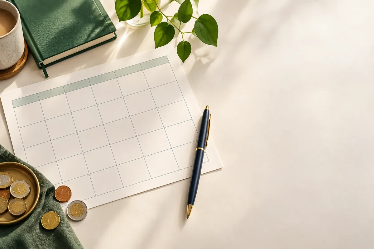 Feuille de budget vierge, stylo et pièces en euros sur un bureau clair