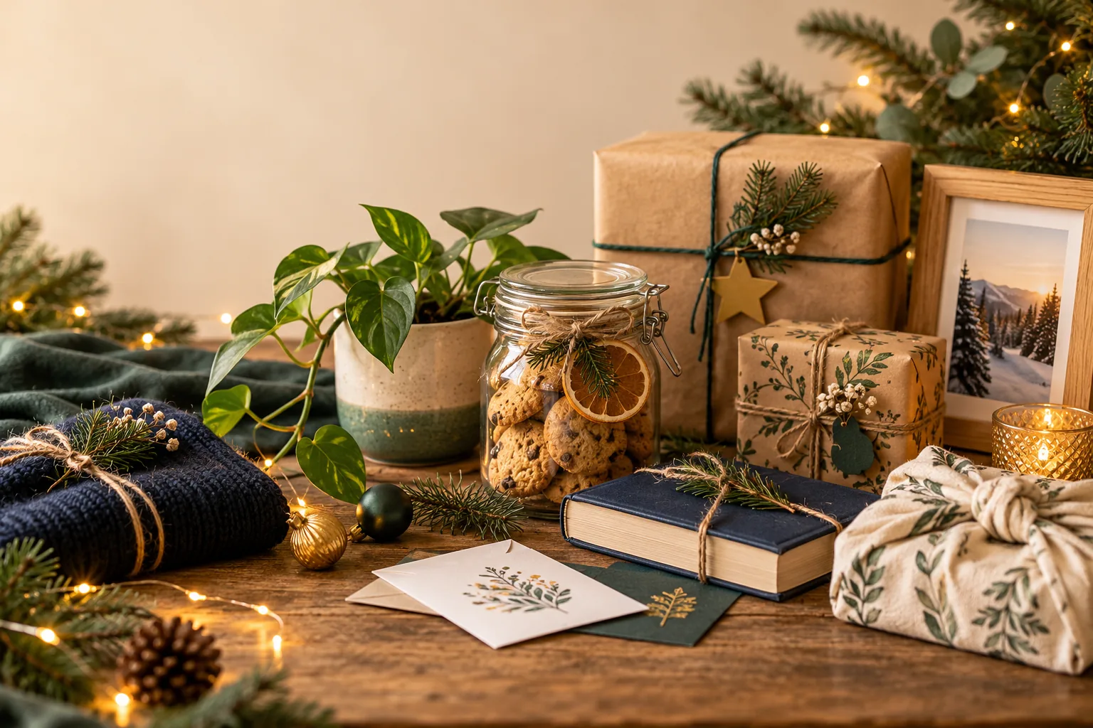 Cadeaux de Noël emballés avec soin, biscuits maison, livre d'occasion et carte manuscrite