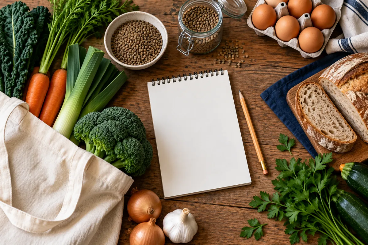 Carnet vierge entouré de légumes, lentilles, œufs et pain sur une table de cuisine