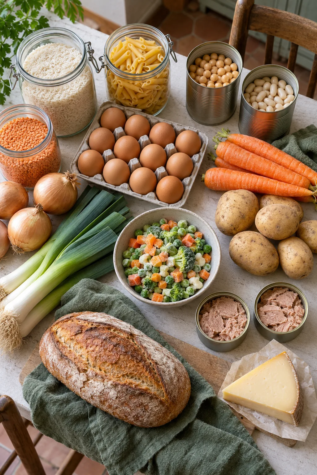 Produits polyvalents pour les repas de la semaine : légumes, œufs, riz, pâtes, légumineuses et pain