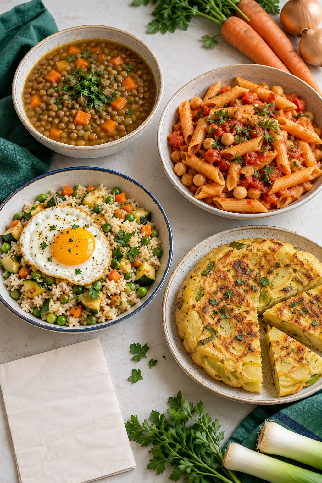 Quatre repas maison : soupe de lentilles, pâtes aux pois chiches, riz aux légumes et omelette aux pommes de terre