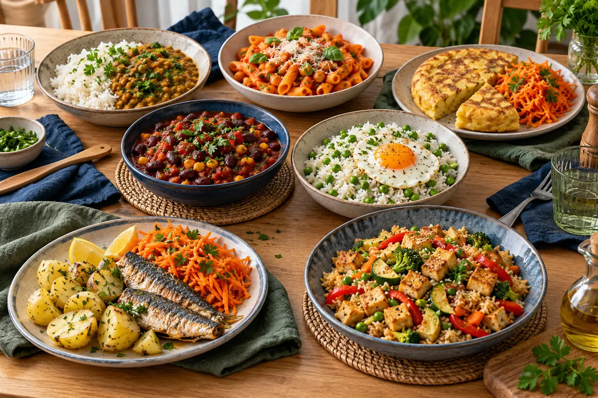 Sept repas économiques variés présentés sur une table familiale