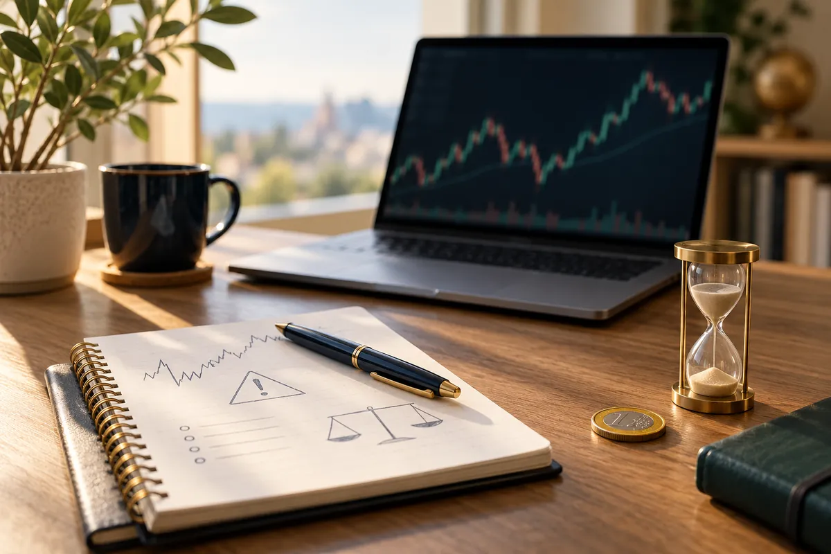 Ordinateur affichant un graphique flou, carnet, stylo et sablier sur un bureau